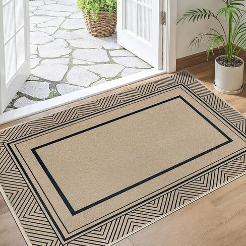 Capslpad 3x5 Doormat Geometry Line Rug Easy Jute Washable Front Door Mat Farmhouse Non-Slip Rubber Backing Stain Resistant Low Pile Hallway Mat for Entryway, Kitchen, Bedroom, Laundry, Black in Kuwait