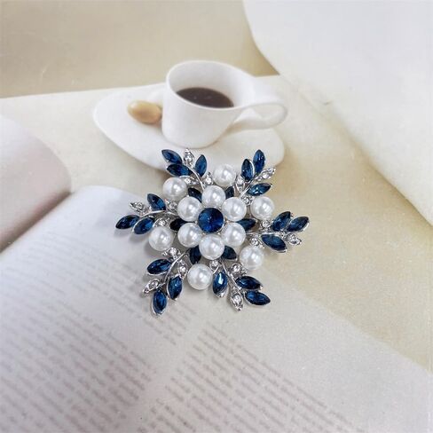 Pearl Flower Blue CZ Snowflake Crystal Christmas Brooch Lapel Pins for Women Lady Dainty Rhinestones Winter Flowers Brooches Pin Suit Dress Clothes Accessories Fashion Jewelry Gifts for Thanksgiving Birthday Her 48mm in Saudi Arabia