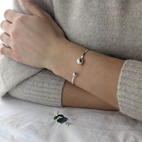 Silverly 925 Sterling Silver Torque Bangle for Women - Thin Flat Stacking Bangle - Simple Classic Solid Silver Bracelets - Adjustable Stackable Ball End Cuff Bracelet - Essential Minimalist Jewelry in Saudi Arabia