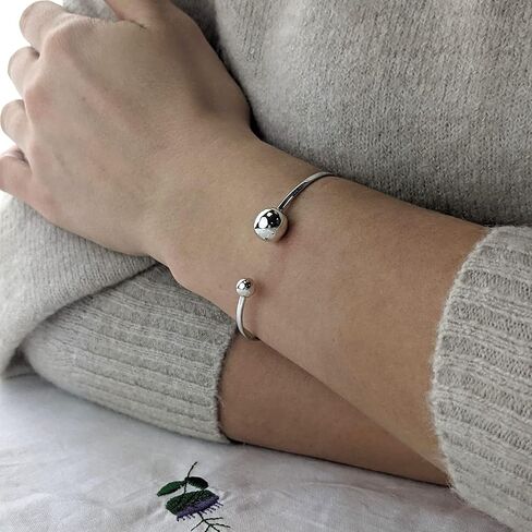 Silverly 925 Sterling Silver Torque Bangle for Women - Thin Flat Stacking Bangle - Simple Classic Solid Silver Bracelets - Adjustable Stackable Ball End Cuff Bracelet - Essential Minimalist Jewelry in Saudi Arabia