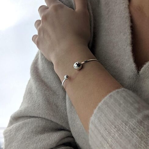 Silverly 925 Sterling Silver Torque Bangle for Women - Thin Flat Stacking Bangle - Simple Classic Solid Silver Bracelets - Adjustable Stackable Ball End Cuff Bracelet - Essential Minimalist Jewelry in Saudi Arabia