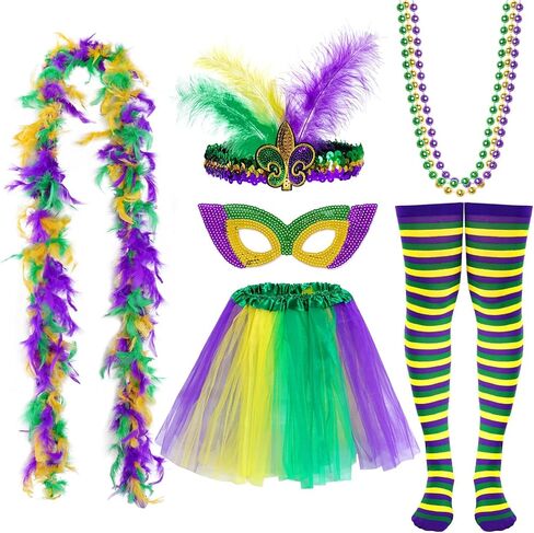 Mardi Gras Costume Accessory Set Tutu Skirt, Faux Feather Headband, Mask,Mardi Gras Beads,Feather Boa,Socks for Women in Saudi Arabia