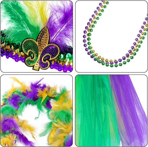 Mardi Gras Costume Accessory Set Tutu Skirt, Faux Feather Headband, Mask,Mardi Gras Beads,Feather Boa,Socks for Women in Saudi Arabia