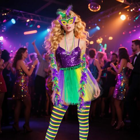 Mardi Gras Costume Accessory Set Tutu Skirt, Faux Feather Headband, Mask,Mardi Gras Beads,Feather Boa,Socks for Women in Saudi Arabia