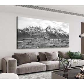 Farmhouse Rustic Barn Wall Art for Living Room Bedroom Large Size Grand Teton Black White Canvas Pictures Artwork Prints Snow Mountain Grassland Nature Landscape for Home Office Decor 29" X 58" in Saudi Arabia