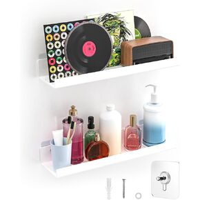 أرفف عائمة - أكريليك / PET مثبتة على الحائط بدون حفر مع مادة لاصقة، رفوف غير مرئية للحمام وغرفة النوم للمطبخ وغرفة المعيشة والديكور الشفاف (أبيض، مجموعة مكونة من قطعتين) in Kuwait