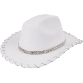 Cowboy Hat with Belt Rhinestone Bridal Shower Hat Crystal Hat for Club Stage, white in Saudi Arabia