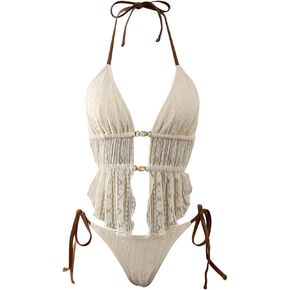 Verdusa 2 Piece Halter Tankini Swimsuits for Women Lace Backless Cheeky Bikini Set Cruise Outfits in Kuwait