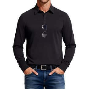 قمصان بولو قطنية بأكمام طويلة للرجال قمصان جولف بياقة جانبية وفتحة جانبية مع حلقة مكبرة بعامل حماية من الأشعة فوق البنفسجية 30+ in Kuwait