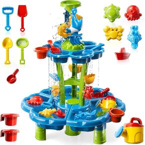 3-Tier Kids Water Table for Toddlers Kids Ages 3-5 4-8, Summer Outdoor Water Table Beach Kids Toys, Toddler Sensory Activity Sand Box Play Set with Rain Showers Splash Pond for Boys Girls in Kuwait