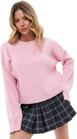 Women's Blush Pink Oversized Cropped Sweater, Crew Neck Knit Top, Trendy Casual Pullover for Fall & Winter Daily Wear in Saudi Arabia