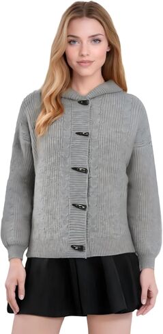 Women's Fashion Hooded Knit Open Front Sweater Long Sleeve Button Outerwear Coats in Saudi Arabia