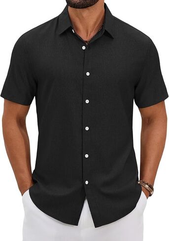 COOFANDY Mens Button Down Shirt Short Sleeve Casual Linen Shirts Summer Beach Wedding Shirts in Saudi Arabia