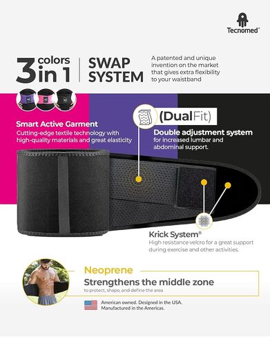 Tecnomed Ez Sweat Xchange Waist Trimmer (3 Colors In 1) - Waist Trainer for Women - Body Wrap - Workout Sweatband Belt in Kuwait