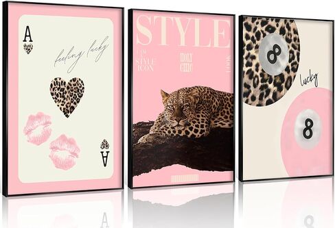 3Pcs Trendy Pink Leopard Wall Art Preppy Leopard Lucky 8 Ball Poster Printing Artwork Y2k Coquette Funky Cheetah Aesthetic Room Decoration for College Apartment, Girls Bedroom Dorm Scene Home Decor in Saudi Arabia