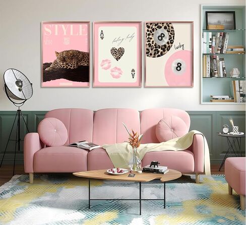 3Pcs Trendy Pink Leopard Wall Art Preppy Leopard Lucky 8 Ball Poster Printing Artwork Y2k Coquette Funky Cheetah Aesthetic Room Decoration for College Apartment, Girls Bedroom Dorm Scene Home Decor in Saudi Arabia