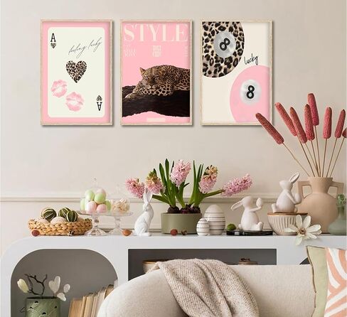 3Pcs Trendy Pink Leopard Wall Art Preppy Leopard Lucky 8 Ball Poster Printing Artwork Y2k Coquette Funky Cheetah Aesthetic Room Decoration for College Apartment, Girls Bedroom Dorm Scene Home Decor in Saudi Arabia