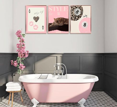 3Pcs Trendy Pink Leopard Wall Art Preppy Leopard Lucky 8 Ball Poster Printing Artwork Y2k Coquette Funky Cheetah Aesthetic Room Decoration for College Apartment, Girls Bedroom Dorm Scene Home Decor in Saudi Arabia