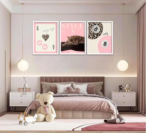 3Pcs Trendy Pink Leopard Wall Art Preppy Leopard Lucky 8 Ball Poster Printing Artwork Y2k Coquette Funky Cheetah Aesthetic Room Decoration for College Apartment, Girls Bedroom Dorm Scene Home Decor in Saudi Arabia