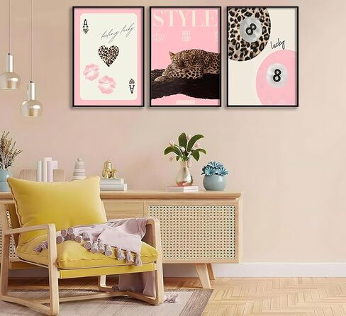 3Pcs Trendy Pink Leopard Wall Art Preppy Leopard Lucky 8 Ball Poster Printing Artwork Y2k Coquette Funky Cheetah Aesthetic Room Decoration for College Apartment, Girls Bedroom Dorm Scene Home Decor in Saudi Arabia