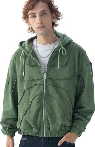 JCARSON Grunge Mens Zip Up Hoodie Patchwork Raw Edge Hooded Sweatshirt Distressed Washed Vintage Streetwear Pullover in Saudi Arabia