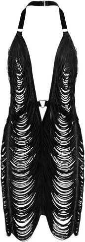 Women Halter See Through Mini Club Dress Deep V-Neck Mesh Tassel Beach Cover Up Backless Swimsuit Coverup in Saudi Arabia