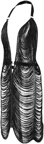 Women Halter See Through Mini Club Dress Deep V-Neck Mesh Tassel Beach Cover Up Backless Swimsuit Coverup in Saudi Arabia