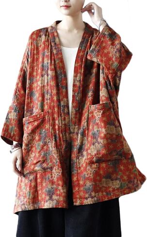 Ystylee Women Vintage Kimono Jacket Colorful Printed Open Front Cardigan Fall Outwear Dust Coat with Pocket in Saudi Arabia