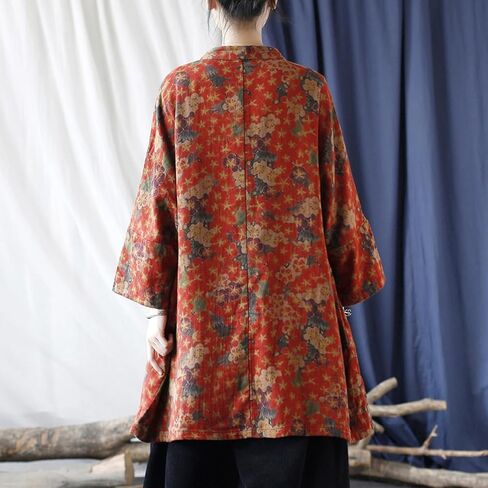 Ystylee Women Vintage Kimono Jacket Colorful Printed Open Front Cardigan Fall Outwear Dust Coat with Pocket in Saudi Arabia