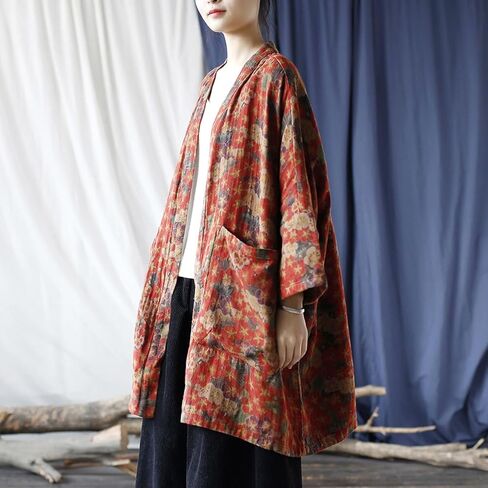Ystylee Women Vintage Kimono Jacket Colorful Printed Open Front Cardigan Fall Outwear Dust Coat with Pocket in Saudi Arabia