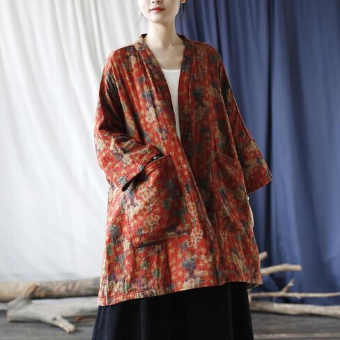 Ystylee Women Vintage Kimono Jacket Colorful Printed Open Front Cardigan Fall Outwear Dust Coat with Pocket in Saudi Arabia