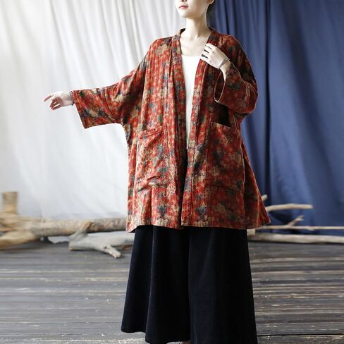 Ystylee Women Vintage Kimono Jacket Colorful Printed Open Front Cardigan Fall Outwear Dust Coat with Pocket in Saudi Arabia
