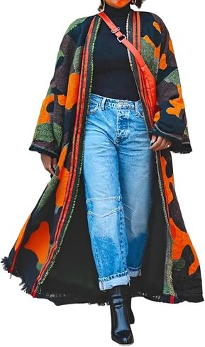 LETSVDO Women's Long Camo Cardigan Poncho Open Front Fringe Knit Sweaters Color Block Duster Kimonos Maxi Cape Coats in Saudi Arabia