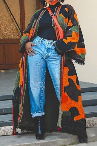 LETSVDO Women's Long Camo Cardigan Poncho Open Front Fringe Knit Sweaters Color Block Duster Kimonos Maxi Cape Coats in Saudi Arabia