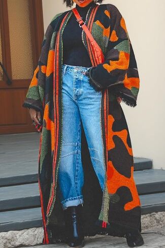 LETSVDO Women's Long Camo Cardigan Poncho Open Front Fringe Knit Sweaters Color Block Duster Kimonos Maxi Cape Coats in Saudi Arabia