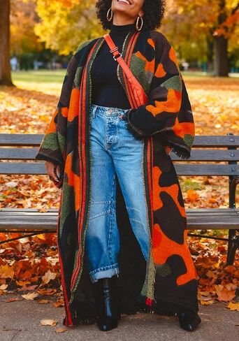 LETSVDO Women's Long Camo Cardigan Poncho Open Front Fringe Knit Sweaters Color Block Duster Kimonos Maxi Cape Coats in Saudi Arabia