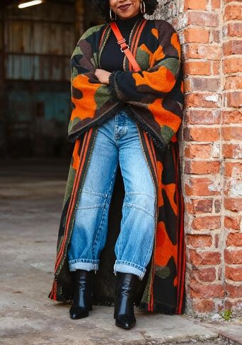 LETSVDO Women's Long Camo Cardigan Poncho Open Front Fringe Knit Sweaters Color Block Duster Kimonos Maxi Cape Coats in Saudi Arabia