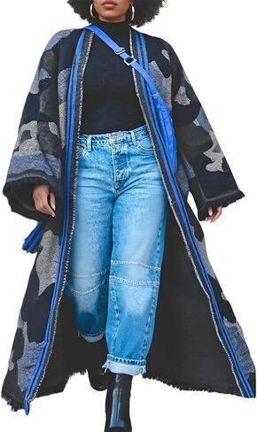 LETSVDO Women's Long Camo Cardigan Poncho Open Front Fringe Knit Sweaters Color Block Duster Kimonos Maxi Cape Coats in Kuwait