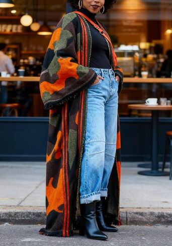 LETSVDO Women's Long Camo Cardigan Poncho Open Front Fringe Knit Sweaters Color Block Duster Kimonos Maxi Cape Coats in Saudi Arabia