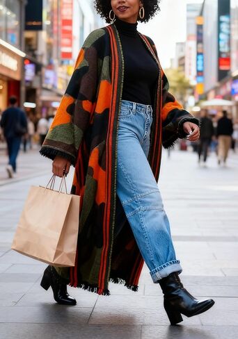 LETSVDO Women's Long Camo Cardigan Poncho Open Front Fringe Knit Sweaters Color Block Duster Kimonos Maxi Cape Coats in Saudi Arabia