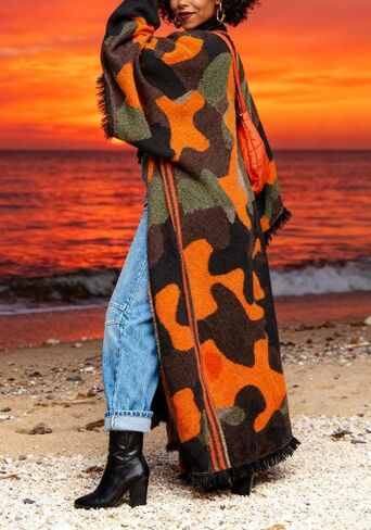 LETSVDO Women's Long Camo Cardigan Poncho Open Front Fringe Knit Sweaters Color Block Duster Kimonos Maxi Cape Coats in Saudi Arabia
