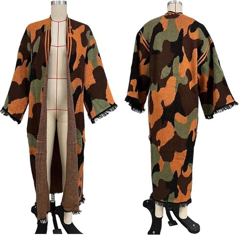 LETSVDO Women's Long Camo Cardigan Poncho Open Front Fringe Knit Sweaters Color Block Duster Kimonos Maxi Cape Coats in Saudi Arabia