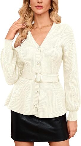 Women's Belted Cable Knit Cardigan Long Sleeve V-Neck Button Down Peplum Sweater in Saudi Arabia