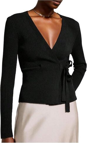SweatyRocks Women's Wrap V Neck Tie Waist Cardigans Cozy Fitted Ribbed Knit Lightweight Sweater in Saudi Arabia