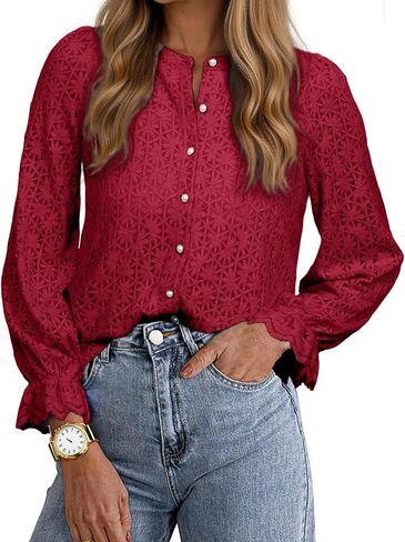 Simplee Womens Lace Long Sleeve Fall Tops Blouses Dressy Spring Casual Hollow Out Button Down Tee Shirts in Saudi Arabia