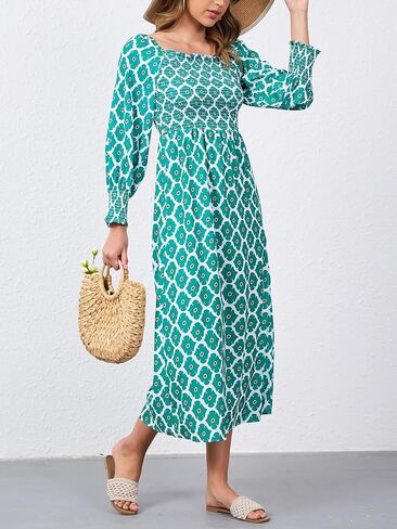 Womens Casual Square Neck Long Puff Sleeve Boho Floral Midi Dress Print Side Split Dresses in Saudi Arabia