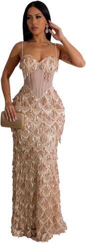 Women Sexy Sequin Tassel Prom Long Bodycon Dress Mesh Perspective Party Cocktail Evening Nightclub Maxi Dress in Saudi Arabia