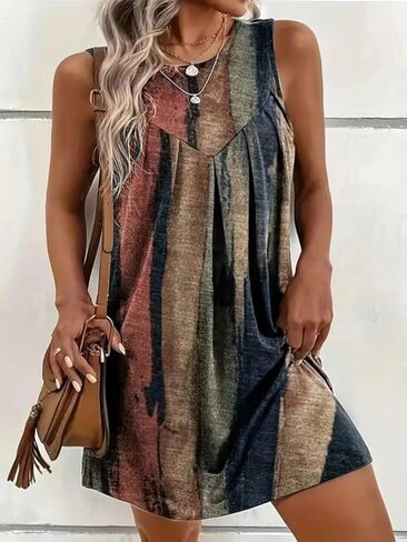 Women's Fashion Casual Elegant Holiday Bohemian Style Random Printed Vest Round Neck Short Dress in Saudi Arabia