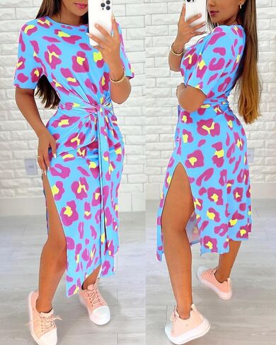 Womens Sexy Leopard Print Crew Neck Short Sleeve Midi Dress Tie Waist High Slit Slim Fitted Shirt Dress Casual Streetwear in Saudi Arabia
