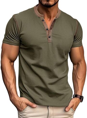 Men's Henley Shirts Short Sleeve Casual Button Basic Tees V Neck T-Shirt Color Block Lightweight Fashion Pullover Shirts in Saudi Arabia